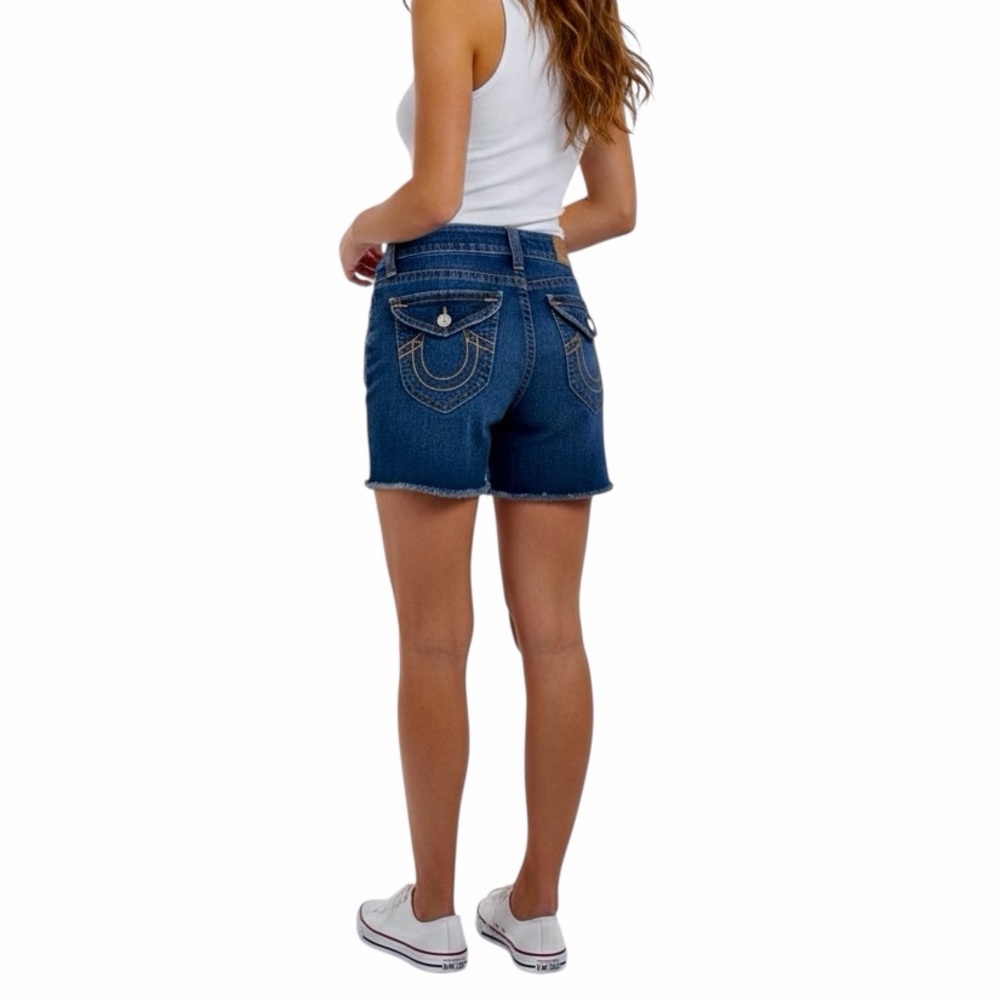 True Religion Cut Off Jean Shorts Medium Wash Embroidered Pockets 27